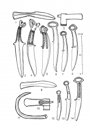  Рис. 1. Комплексы бронзовых изделий из Чаодаогоу и Янхэ: 1–8 – комплекс бронз из Чаодаогоу в уезде Цинлун пров. Хэбэй; 9–14 – комплекс бронз из Янхэ в уезде Синчэн пров. Ляонин; 1, 9 – клевцы, 2, 10 – топоры, 3 – кинжал, 4–8, 12–14 – ножи, 11 – крюк. Все – прорисовки с фотографий. Все прорисовки и сведение к одному масштабу выполнены автором