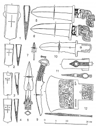  Рис. 4. Бронзовые изделия из погребения М539 в Дасыкунцуне, Аньян: 1–4 – кельты; 5, 6, 10 – клевцы, 7 – наконечник стрелы, 8 – копье, 9 – нож, 11 – топор; 12 – секира. Все – бронза. Все даны в одном масштабе. Масштабирование выполнено автором