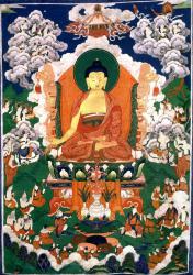  Будда Шакьямуни. Китай, XIX в. Танка, грунтованная ткань, минеральные краски. 
 Будда Шакьямуни изображен в ваджра-асане, левая рука - в дхьяна-мудре, правая рука - в чинта-мудре. Ладони и стопы окрашены в розовый цвет. Вокруг - бодхисаттвы в анджали-мудре, монахи, правитель со свитой и дарами, нагараджи, подносящие драгоценности-мани. Внизу - сцены восхваления. Жертвенное подношение состоит из благословенных предметов и мешков с дарами (?). Ландшафтный фон составлен из облаков, холмов, деревьев и водоемов. 