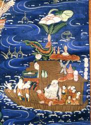  Будда Шакьямуни и 16 архатов. Китай, XIX в. Танка, грунтованная ткань, минеральные краски. 
 Хва-шанг со свитой на лодке.  