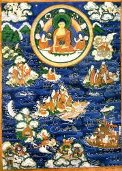  Будда Шакьямуни и 16 архатов. Китай, XIX в. Танка, грунтованная ткань, минеральные краски. 
 Будда Шакьямуни изображен с учениками Шарипутрой и Маудгальяяной, пребывающими в гупта-асане, в золотом, с радужными краями, круге в пространстве над морем, который пересекают на пути в Китай 16 архатов, Упасака Дхармапала и Хва-шанг. Архаты переплывают море на различных ездовых животных, морских чудовищах, облаках и невиданных размеров листьях лотоса, Упасака Дхармапала на опахале из ячьего хвоста (скр. чамара), Хва-шанг - со свитой на лодке. Вверху - Пуджадевата, внизу - четыре локапалы. Повсюду разбросаны золотые драгоценности, тонкими золотыми линиями выведены птицы, рыбы. Шестнадцать архатов, согласно махаянской традиции, побывали в Китае по приглашению императора Тайцзуна (627 - 649) династии Тан. 
