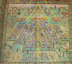 Рис. 1. Прорисовка перспективных сокращений в росписи восточной стены пещеры №  85 в Дуньхуане на тему «Сутры о воздаянии за добродетель», IX в.